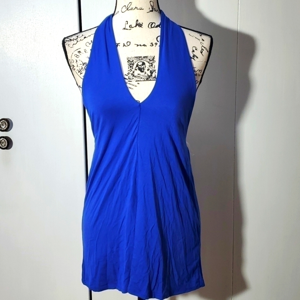 Womens Deep Plunge Vneck Royal Blue Open Back  Halter Top Stretchy Sz.Medium